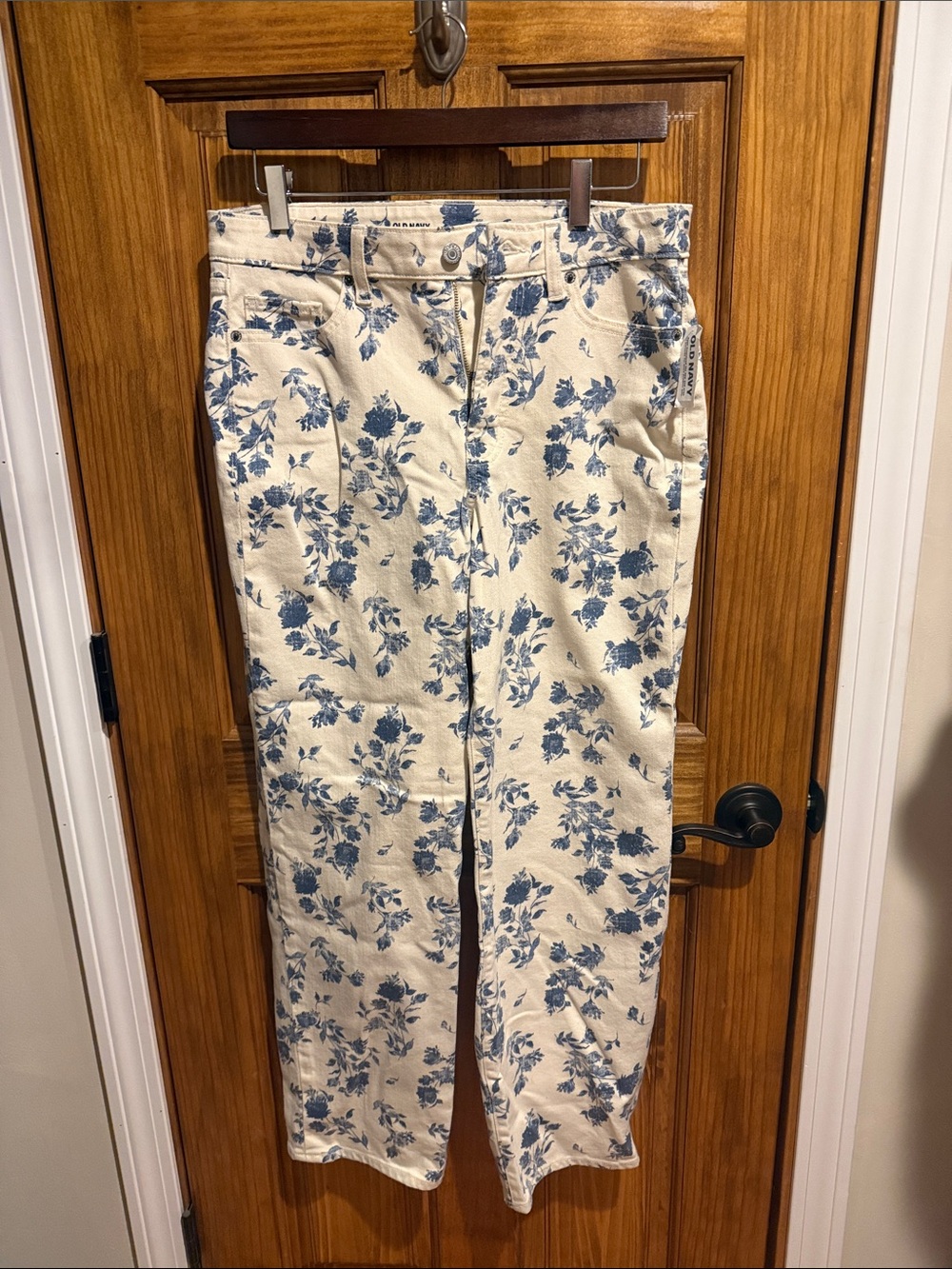 Ivory Floral Straight Leg Pants - Blue Rose Print